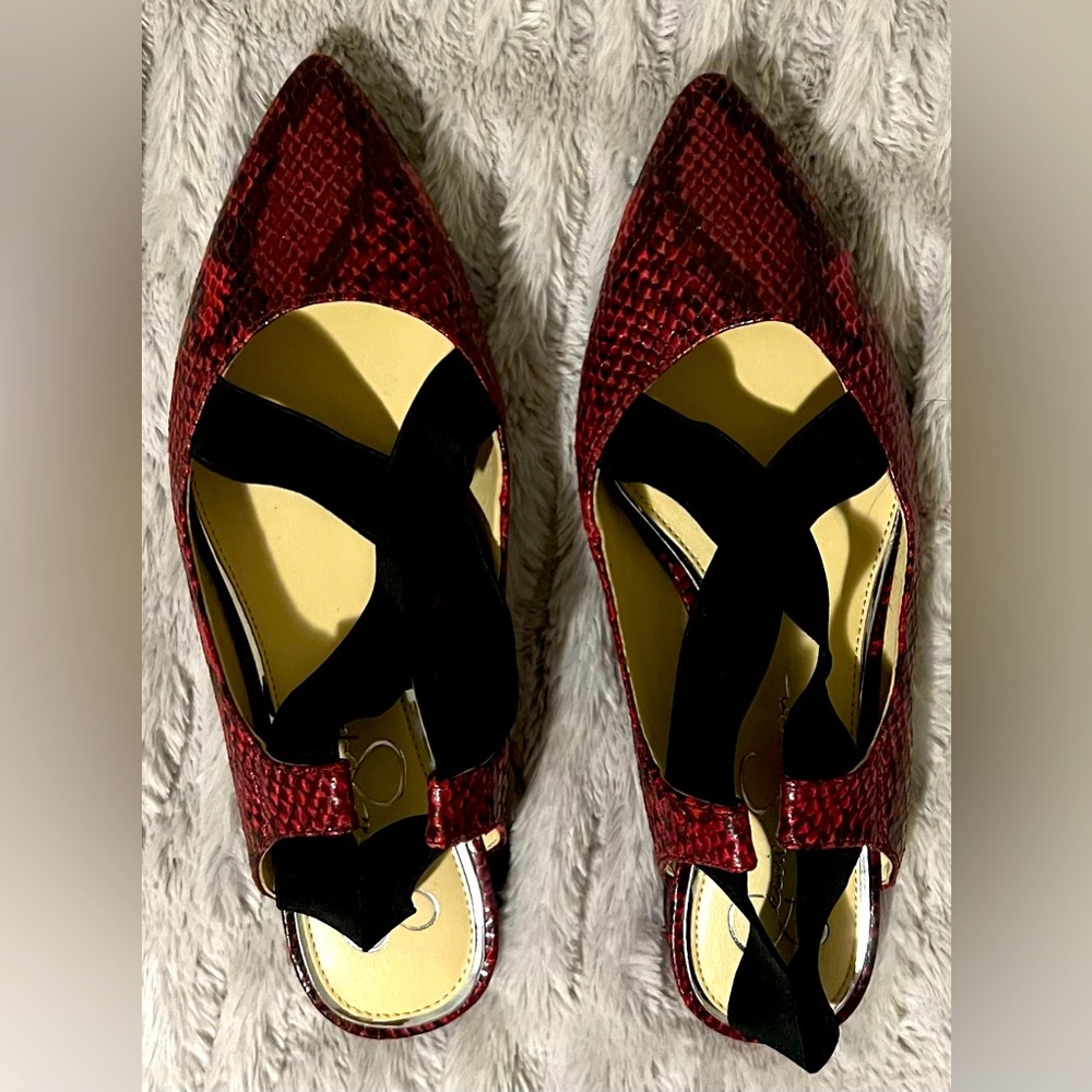 Jessica Simpson ballet flats. Red and black faux snake skin. Size 7.5